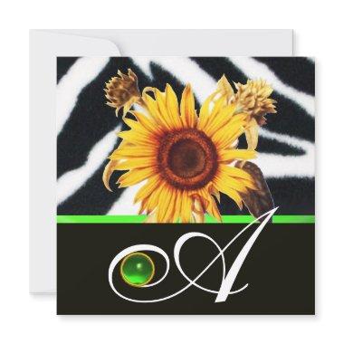 SUNFLOWERS GREEN BLACK WHITE ZEBRA FUR MONOGRAM Invitations