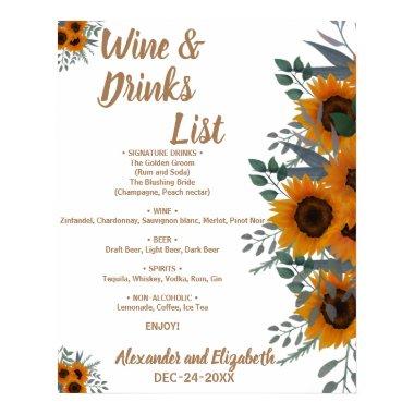 Sunflowers Greenery Drinks list Bridal Wedding Poster