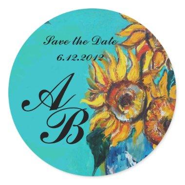SUNFLOWERS IN BLUE TEAL Save the Date Monogram Classic Round Sticker