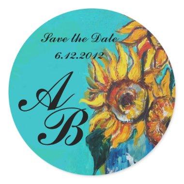 SUNFLOWERS IN BLUE TEAL Save the Date Monogram Classic Round Sticker