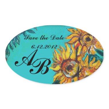 SUNFLOWERS IN BLUE TEAL Save the Date Monogram Oval Sticker