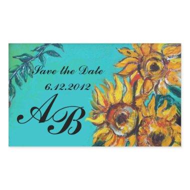 SUNFLOWERS IN BLUE TEAL Save the Date Monogram Rectangular Sticker