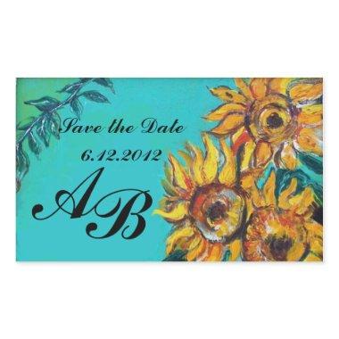 SUNFLOWERS IN BLUE TEAL Save the Date Monogram Rectangular Sticker