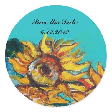 SUNFLOWERS IN BLUE TURQUOISE Save the Date Classic Round Sticker