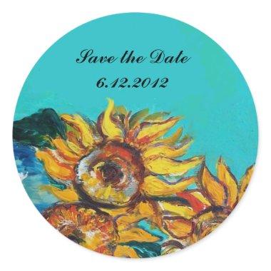 SUNFLOWERS IN BLUE TURQUOISE Save the Date Classic Round Sticker