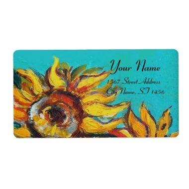SUNFLOWERS IN BLUE TURQUOISE ,SUMMER PARTY LABEL