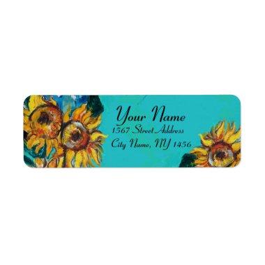 SUNFLOWERS IN BLUE TURQUOISE ,SUMMER PARTY LABEL