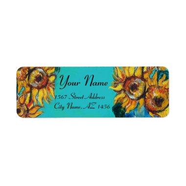 SUNFLOWERS IN BLUE TURQUOISE ,SUMMER PARTY LABEL