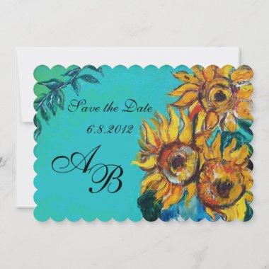 SUNFLOWERS IN BLUE TURQUOISE SUMMER PARTY MONOGRAM Invitations