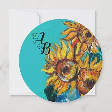 SUNFLOWERS IN BLUE TURQUOISE SUMMER PARTY MONOGRAM Invitations