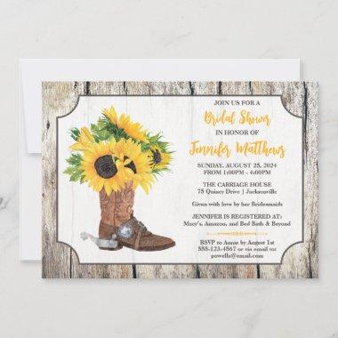 Sunflowers in Cowboy Boot Woodgrain Bridal Shower Invitations
