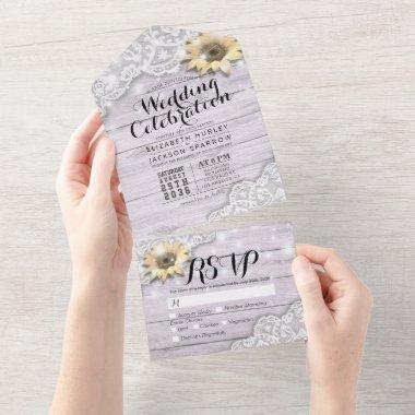 Sunflowers Lace Rustic Wood String Lights Wedding All In One Invitations