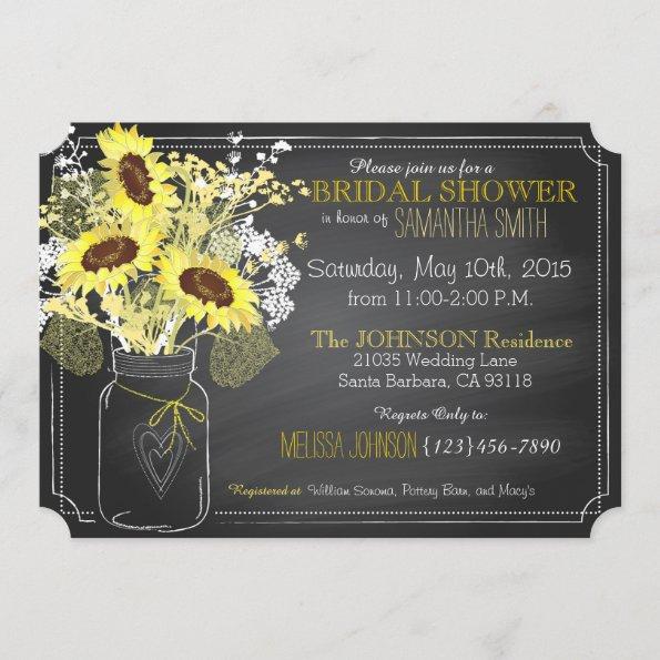 Sunflowers Mason Jar Chalkboard Bridal Shower Invitations