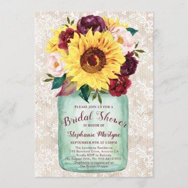 Sunflowers Mason Jar Lace Bridal Shower Invitations