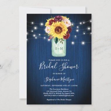 Sunflowers Mason Jar Navy Blue Bridal Shower Invitations