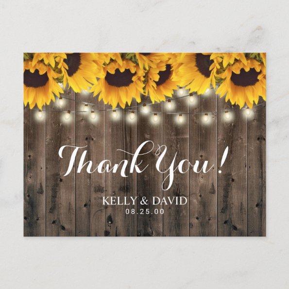 Sunflowers String Lights Country Wedding Thank You PostInvitations