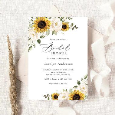 Sunflowers White Floral Greenery Bridal Shower Invitations
