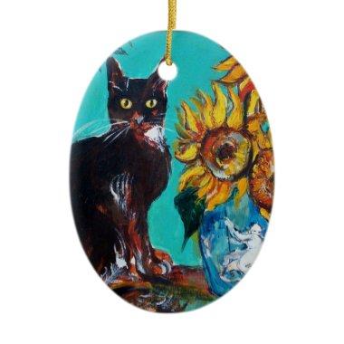 SUNFLOWERS WITH BLACK CAT IN BLUE TURQUOISE CERAMIC ORNAMENT