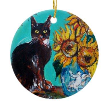 SUNFLOWERS WITH BLACK CAT IN BLUE TURQUOISE CERAMIC ORNAMENT