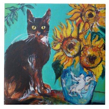 SUNFLOWERS WITH BLACK CAT IN BLUE TURQUOISE CERAMIC TILE