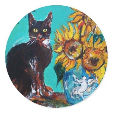 SUNFLOWERS WITH BLACK CAT IN BLUE TURQUOISE CLASSIC ROUND STICKER