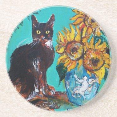 SUNFLOWERS WITH BLACK CAT IN BLUE TURQUOISE DRINK COASTER
