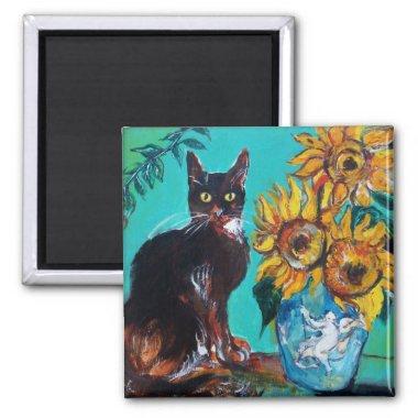 SUNFLOWERS WITH BLACK CAT IN BLUE TURQUOISE MAGNET