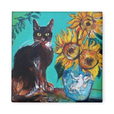 SUNFLOWERS WITH BLACK CAT IN BLUE TURQUOISE MAGNET