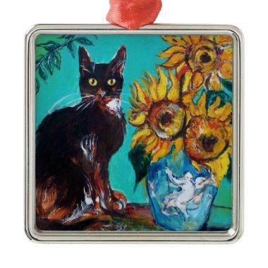 SUNFLOWERS WITH BLACK CAT IN BLUE TURQUOISE METAL ORNAMENT