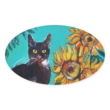 SUNFLOWERS WITH BLACK CAT IN BLUE TURQUOISE OVAL STICKER