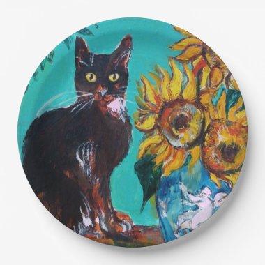 SUNFLOWERS WITH BLACK CAT IN BLUE TURQUOISE PAPER PLATES