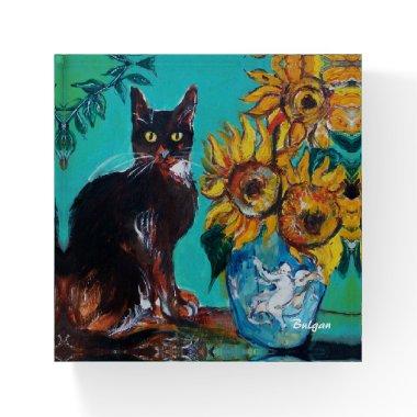 SUNFLOWERS WITH BLACK CAT IN BLUE TURQUOISE PAPERWEIGHT