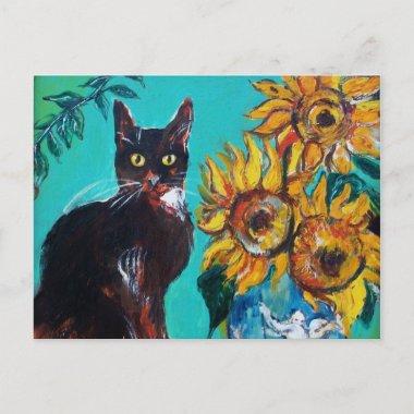 SUNFLOWERS WITH BLACK CAT IN BLUE TURQUOISE POSTInvitations