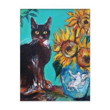 SUNFLOWERS WITH BLACK CAT IN BLUE TURQUOISE POST