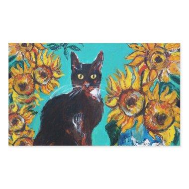 SUNFLOWERS WITH BLACK CAT IN BLUE TURQUOISE RECTANGULAR STICKER
