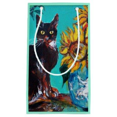 SUNFLOWERS WITH BLACK CAT IN BLUE TURQUOISE SMALL GIFT BAG