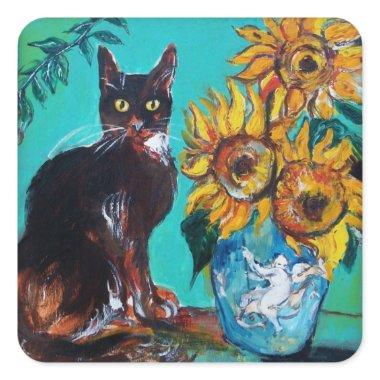 SUNFLOWERS WITH BLACK CAT IN BLUE TURQUOISE SQUARE STICKER