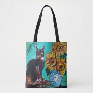 SUNFLOWERS WITH BLACK CAT IN BLUE TURQUOISE TOTE BAG