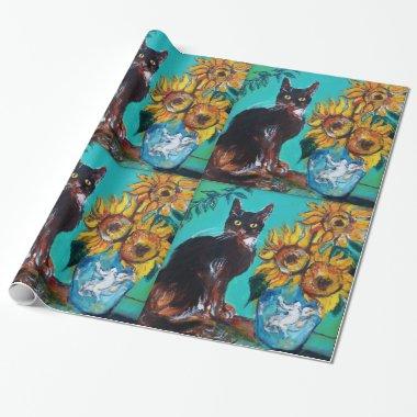 SUNFLOWERS WITH BLACK CAT IN BLUE TURQUOISE WRAPPING PAPER