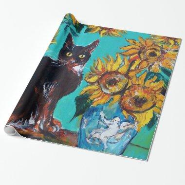SUNFLOWERS WITH BLACK CAT IN BLUE TURQUOISE WRAPPING PAPER