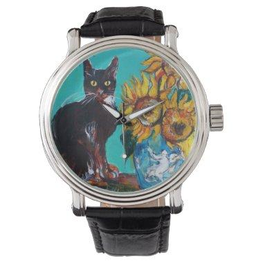 SUNFLOWERS WITH BLACK CAT Yellow Turquoise Blue Watch