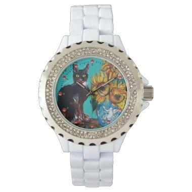 SUNFLOWERS WITH BLACK CAT,Yellow,Turquoise Blue Watch