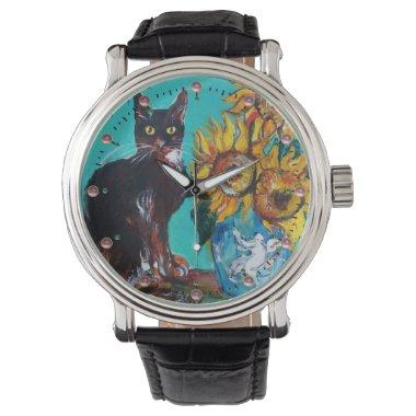 SUNFLOWERS WITH BLACK CAT Yellow Turquoise Blue Watch