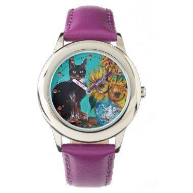 SUNFLOWERS WITH BLACK CAT,Yellow,Turquoise Blue Watch