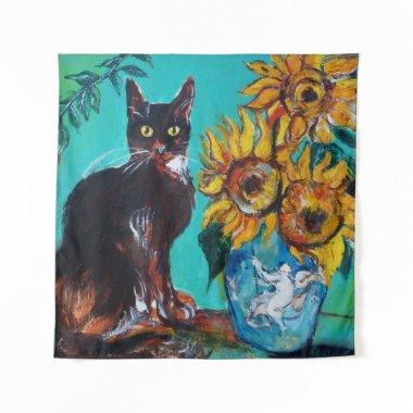 SUNFLOWERS WITH CAT IN BLUE TURQUOISE TAPESTRY