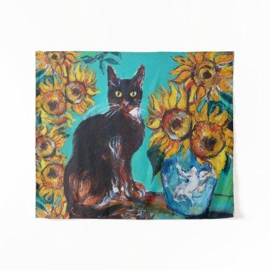 SUNFLOWERS WITH CAT IN BLUE TURQUOISE TAPESTRY