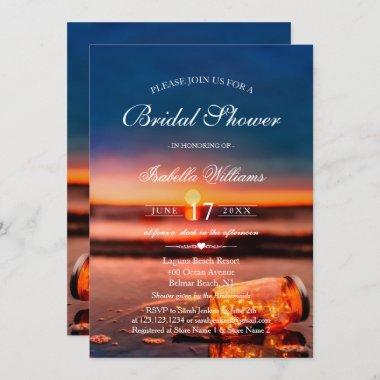 Sunset Beach Mason Jar Blue Night Bridal Shower Invitations
