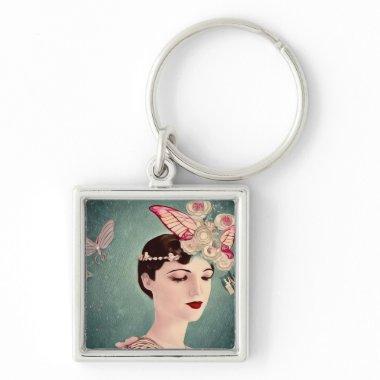 Surreal Art Deco Girl & Butterflies Keychain