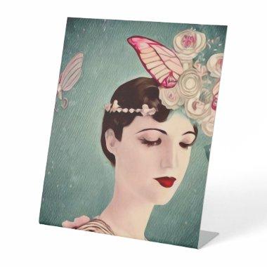 Surreal Art Deco Girl & Butterflies Pedestal Sign