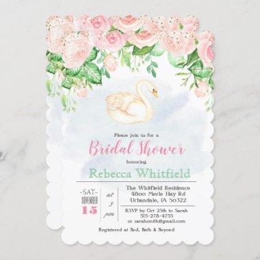 Swan Floral Glitter Bridal Shower Invitations